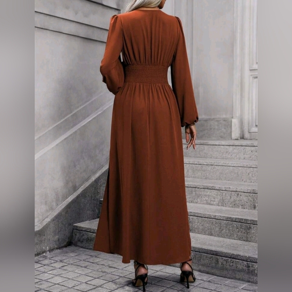 NEW Chic Ruched Waist Lantern Sleeve Maxi Dress Rusty Brown Orange Rust - Picture 4 of 8